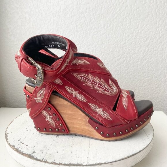 Lane Boots LEXINGTON Womens Red Wedges 9.5 Western Sandals Cowgirl Wooden Heels - Picture 2 of 11